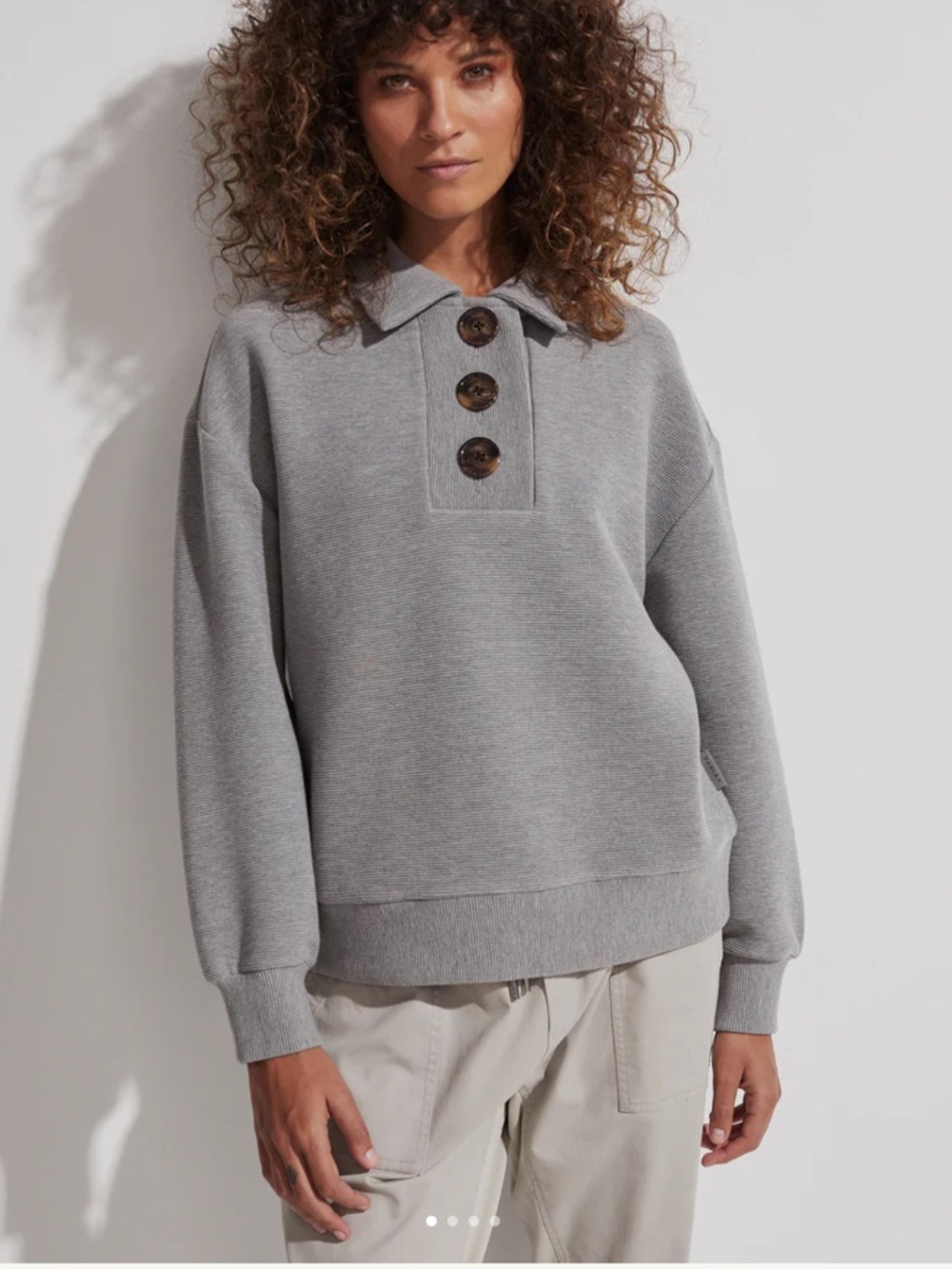 Varley Gray Button-Front Polo Sweatshirt